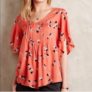 Anthropologie Maeve Coral Flutter Pin-Tuck Blouse